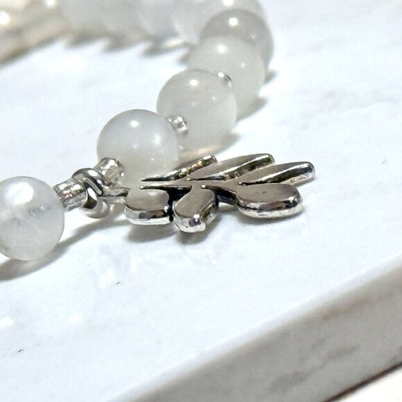 White Moonstone Silver Leaf Branch Necklace, Genuine Gemstone Beaded Choker - Picture 5 of 13